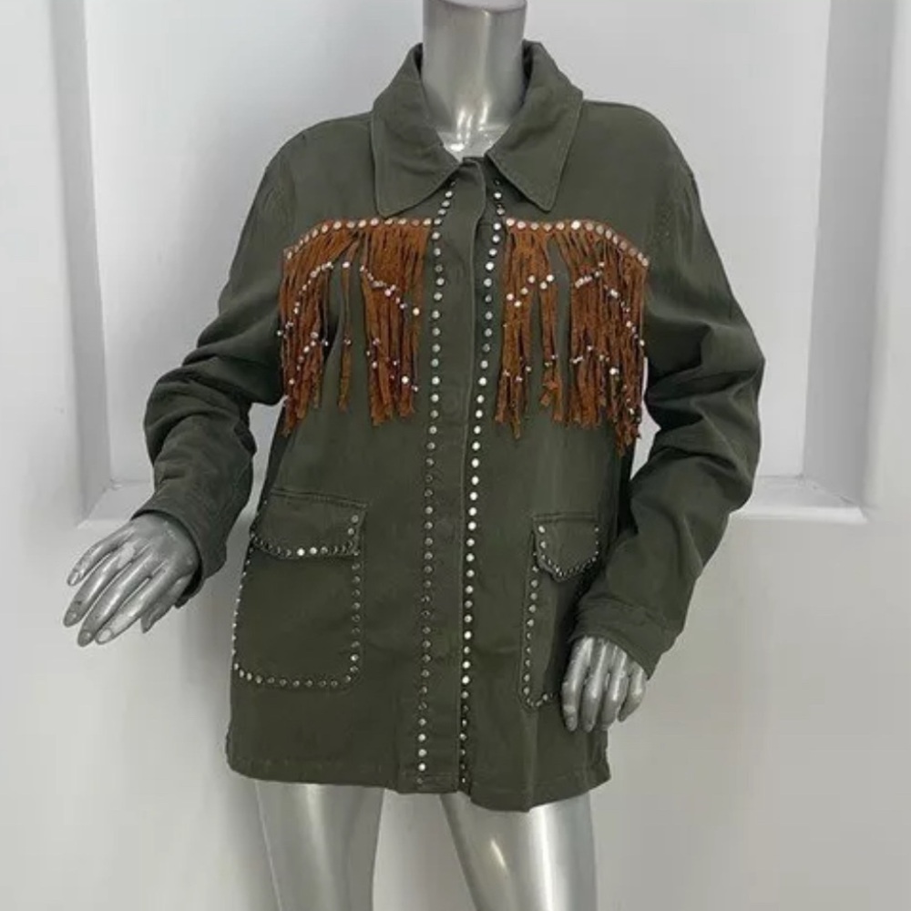 Zara Women Outerwear Spring Summer Metal Studded Army Green Fringe Jacket Size L